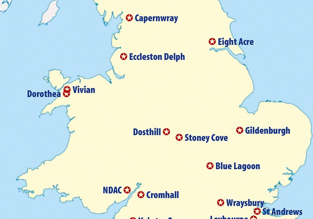 Map of England and Wales inland dive sites